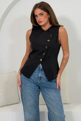 Amelia Button Up Asymmetric Waist Coat Black