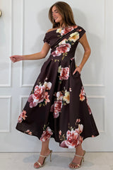 Betty Asymmetric Neckline Skater Midi Brown Floral