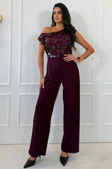 Camille Sequin Off Shoulder Jumpsuit Burgundy
