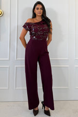 Camille Sequin Off Shoulder Jumpsuit Burgundy