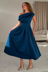 Betty Asymmetric Neckline Skater Midi Petrol