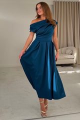 Betty Asymmetric Neckline Skater Midi Petrol