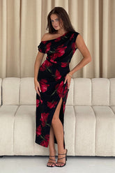 Ariana Asymmetric Red Floral Midi Dress