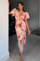 Drew Puff Sleeve Wrap Front Midi Dress Blush Marble