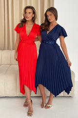 Brooklyn Asymmetric Pleated Belted Midi Dress Navy