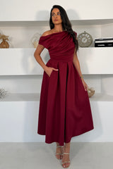 Betty Asymmetric Neckline Skater Midi Wine