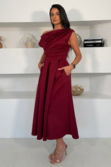 Betty Asymmetric Neckline Skater Midi Wine