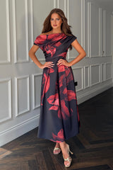 Betty Asymmetric Neckline Skater Midi Black Floral