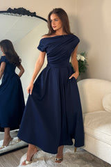 Betty Asymmetric Neckline Skater Midi Navy