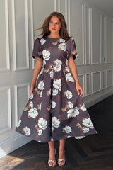Elowin Statement Sleeve Skater Midi Dress Brown Floral