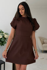 Ami Tulip Sleeve High Neck Mini Dress Brown