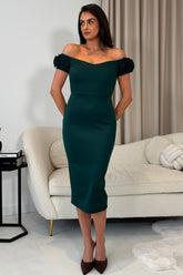 Alice 3D Floral Detail Off The Shoulder Midi Dress Emerald Green