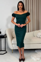 Alice 3D Floral Detail Off The Shoulder Midi Dress Emerald Green