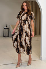 Britney Foiled Brown Angel Sleeve Midi Dress