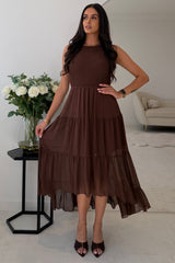 Calla Shirred Top Tiered Midi Dress Brown