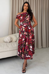 Betty Asymmetric Neckline Large Floral Skater Midi Dress Cranberry