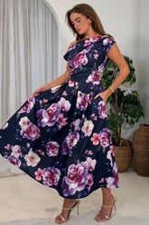 Betty Asymmetric Neckline Floral Skater Midi Dress Navy