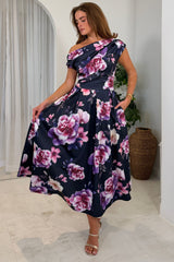 Betty Asymmetric Neckline Floral Skater Midi Dress Navy