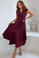 Annette Gold Buckle wrapy Midi Dress Wine