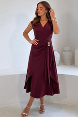 Annette Gold Buckle wrapy Midi Dress Wine