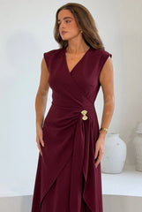 Annette Gold Buckle wrapy Midi Dress Wine