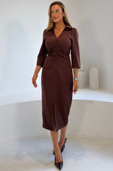 Amarie Rushed Front Split Midi Dress Brown