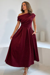 Betty Asymmetric Neckline Skater Midi Hotfix Wine