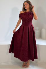 Betty Asymmetric Neckline Skater Midi Hotfix Wine