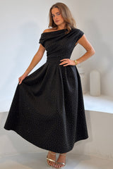 Betty Asymmetric Neckline Skater Midi Hotfix Black