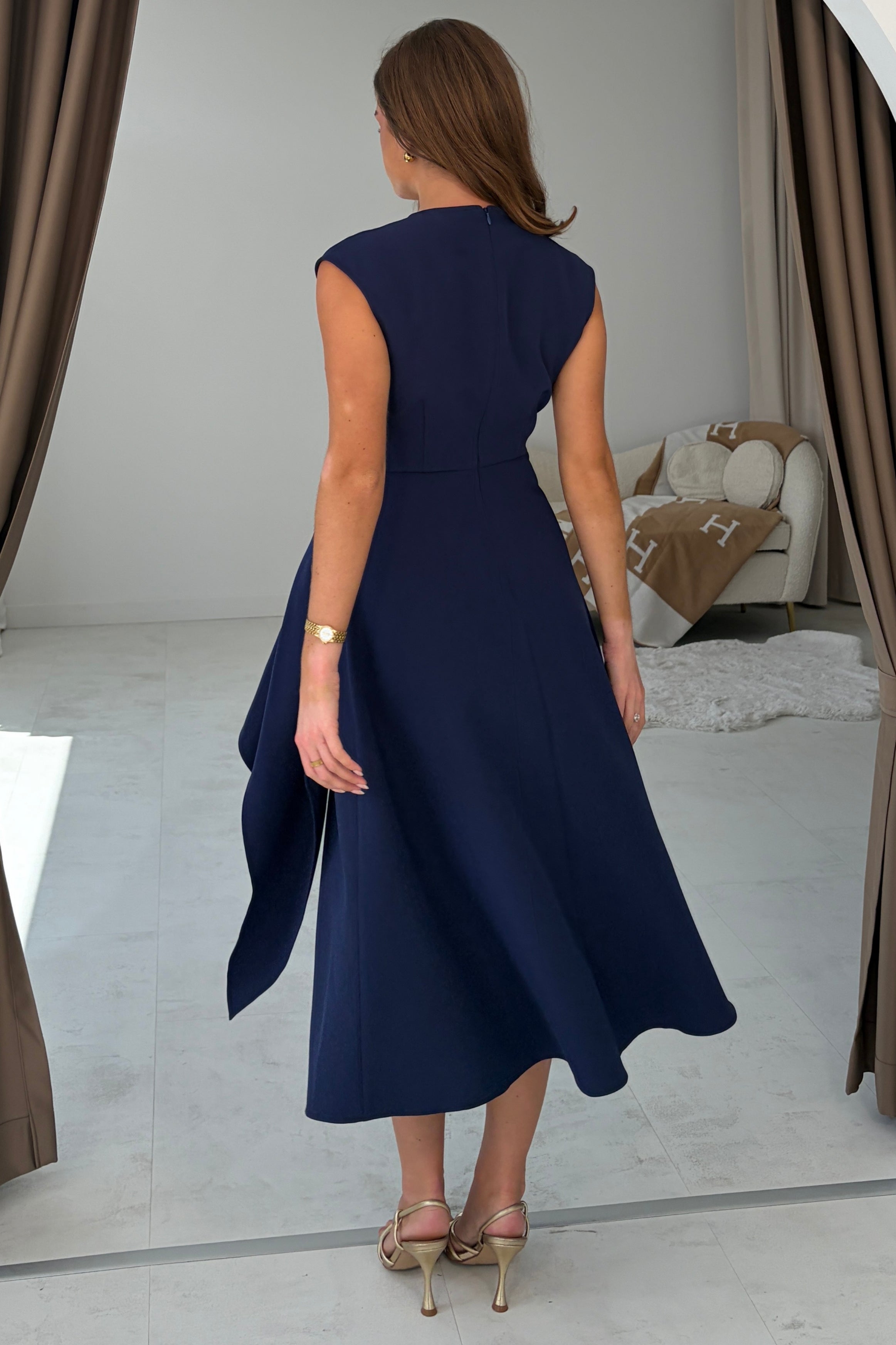 Annette Wrap Buckle Detail Midi Dress Navy