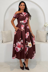 Betty Asymmetric Neckline Skater Midi Wine Floral