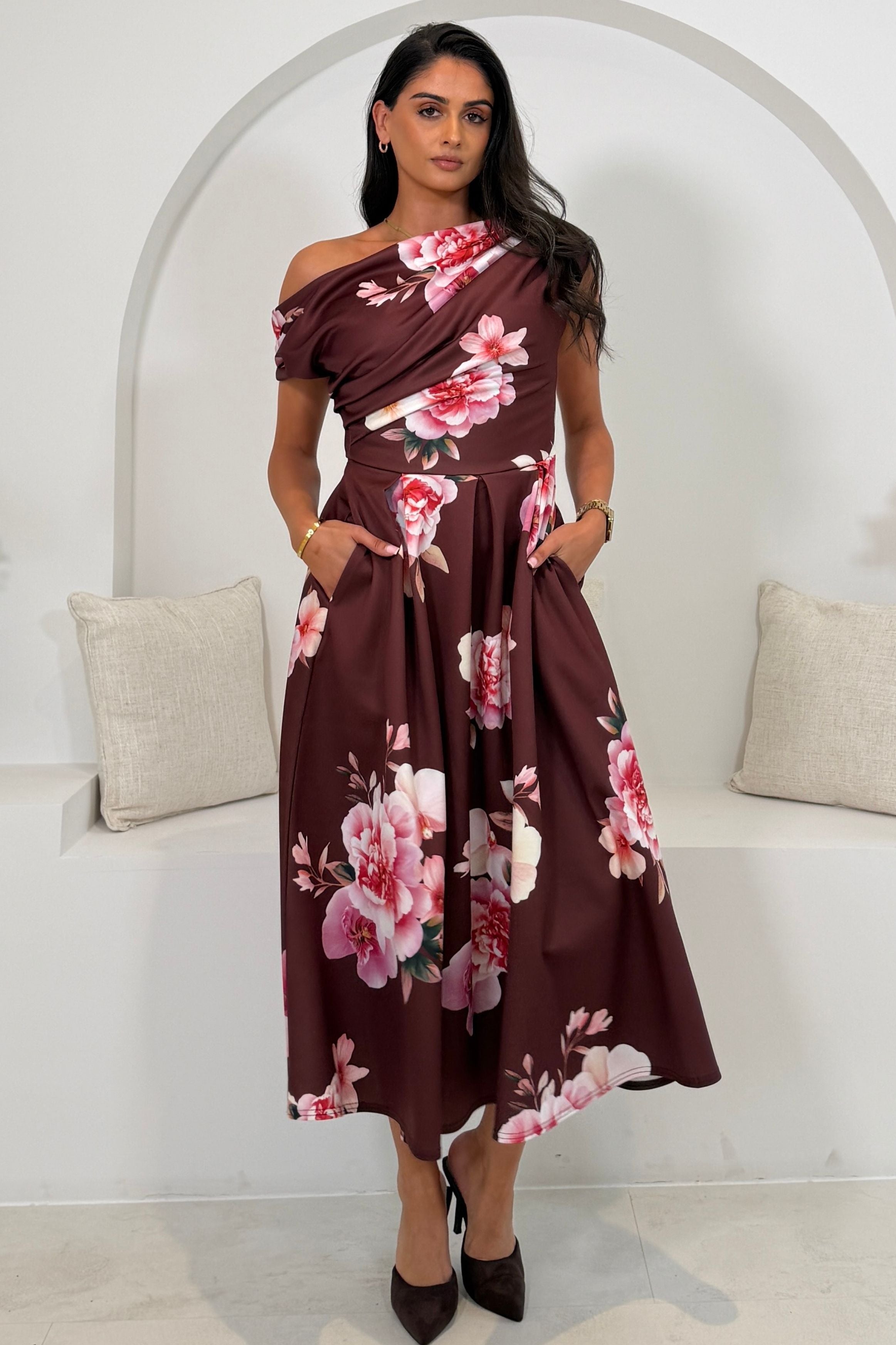 Betty Asymmetric Neckline Skater Midi Wine Floral