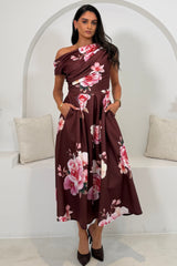 Betty Asymmetric Neckline Skater Midi Wine Floral