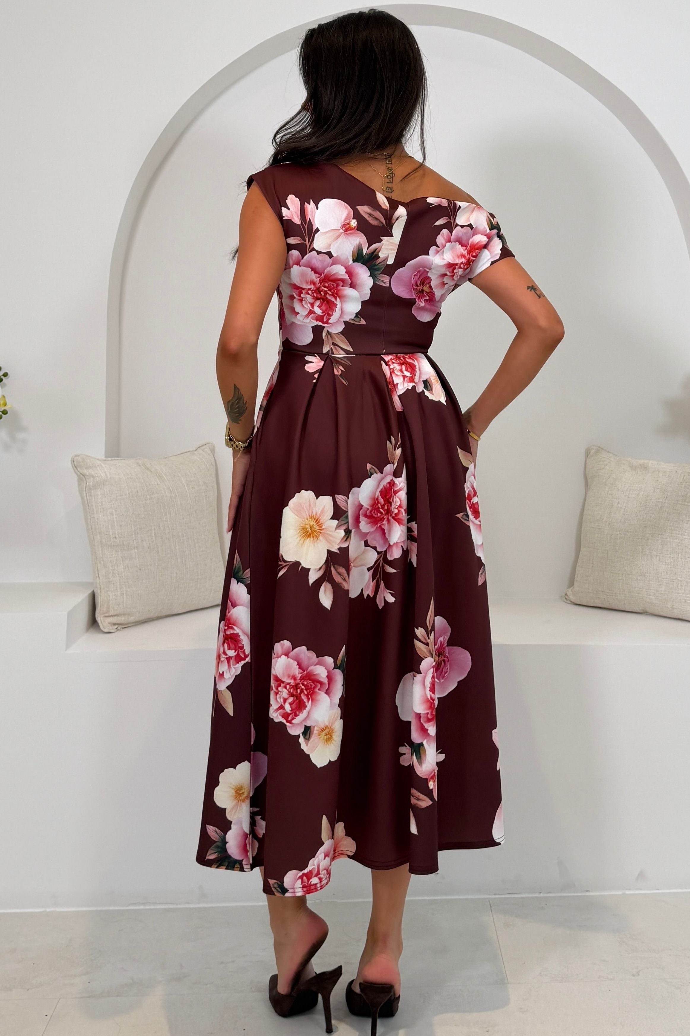 Betty Asymmetric Neckline Skater Midi Wine Floral