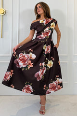 Betty Asymmetric Neckline Skater Midi Brown Floral