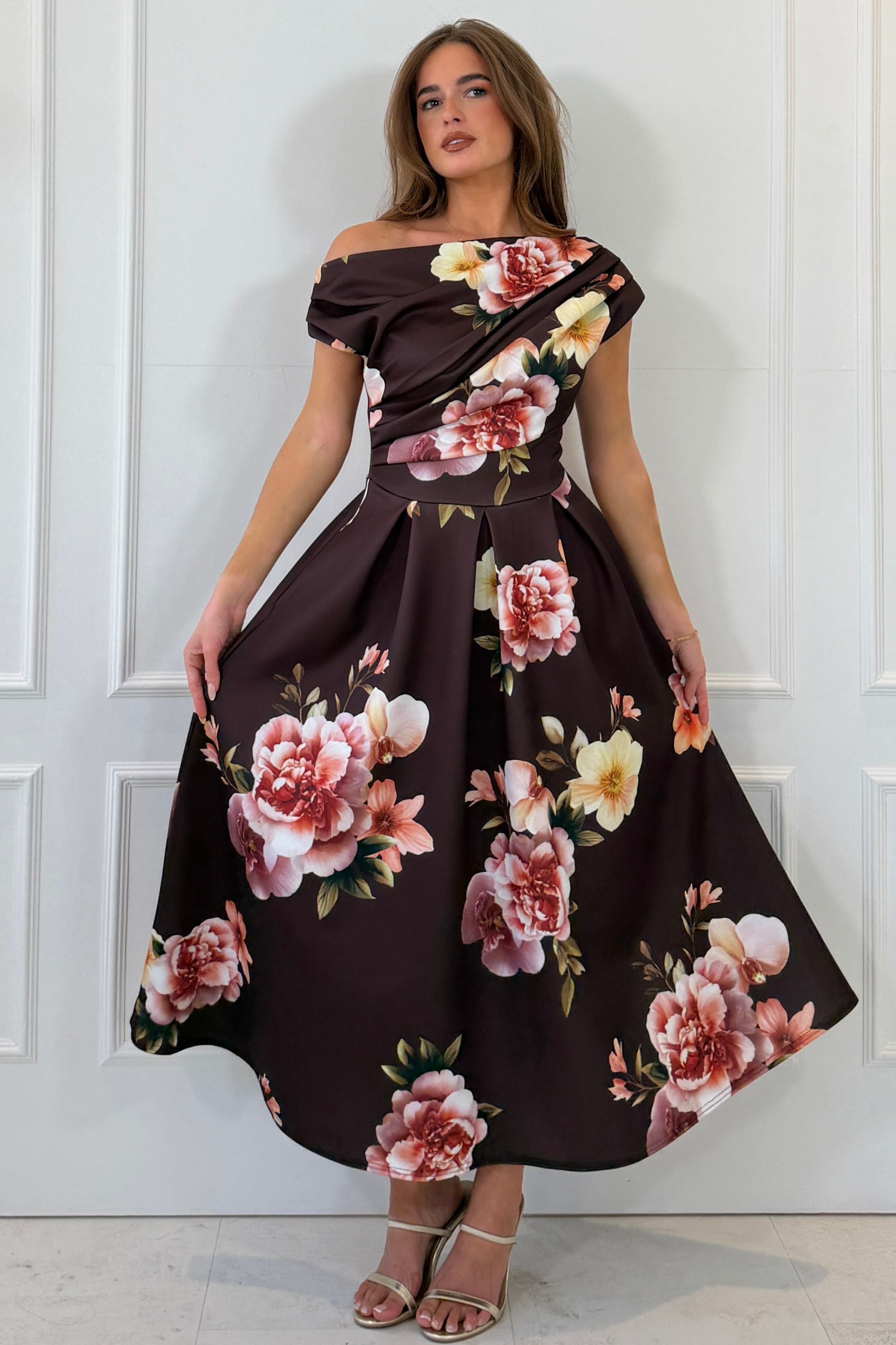 Betty Asymmetric Neckline Skater Midi Brown Floral