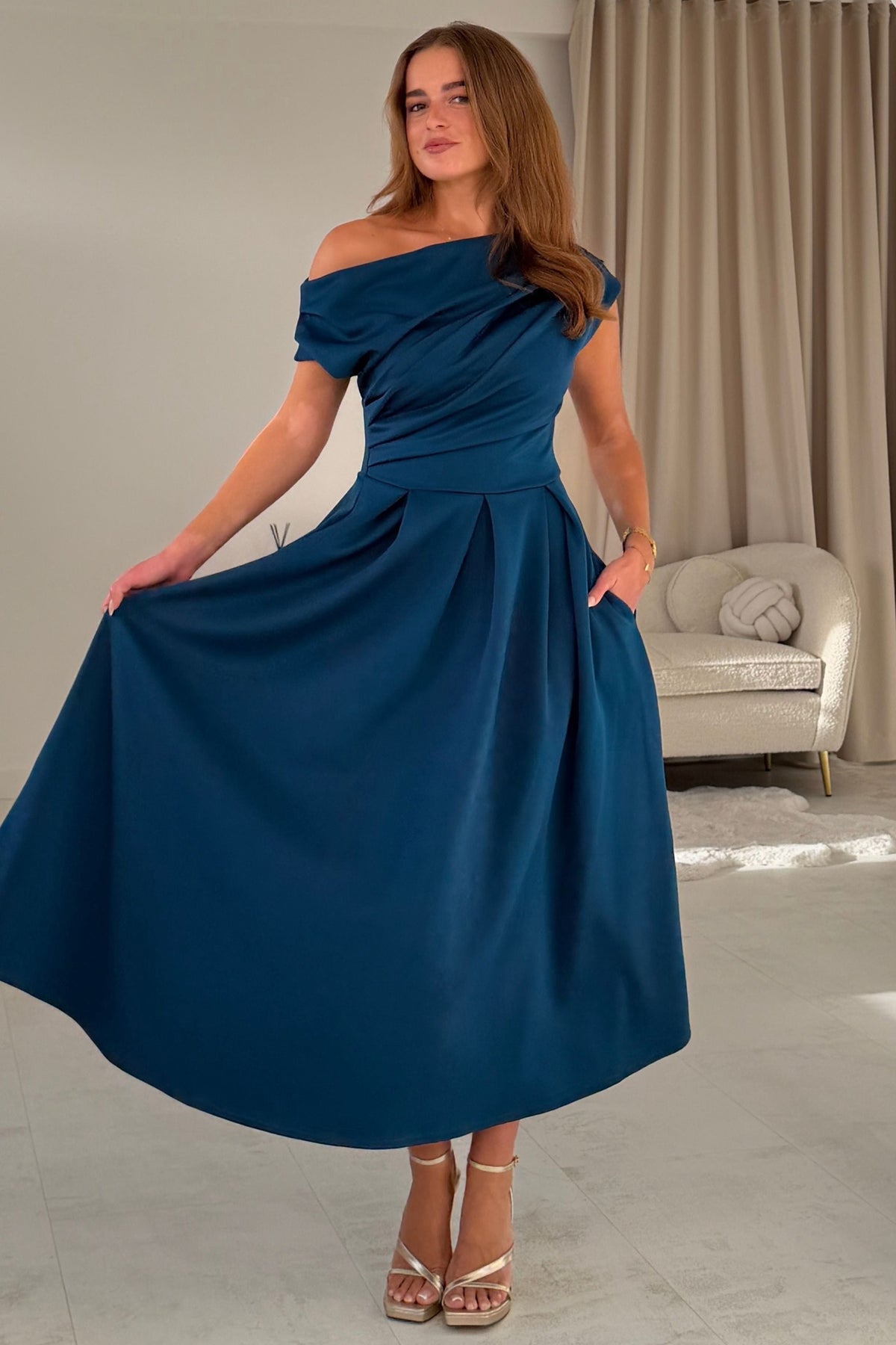 Betty Asymmetric Neckline Skater Midi Petrol