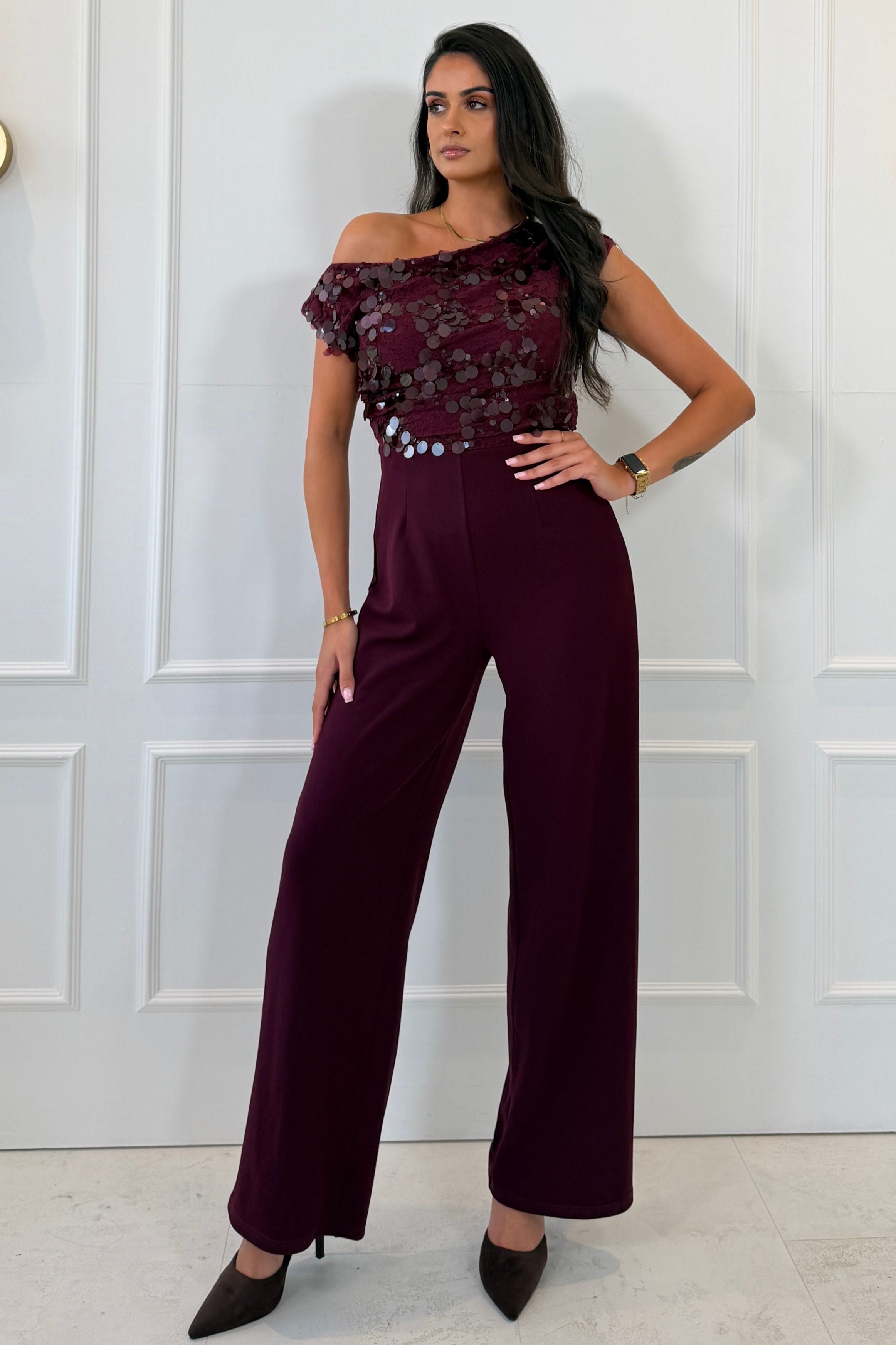 Camille Sequin Off Shoulder Jumpsuit Burgundy