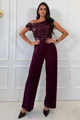 Camille Sequin Off Shoulder Jumpsuit Burgundy