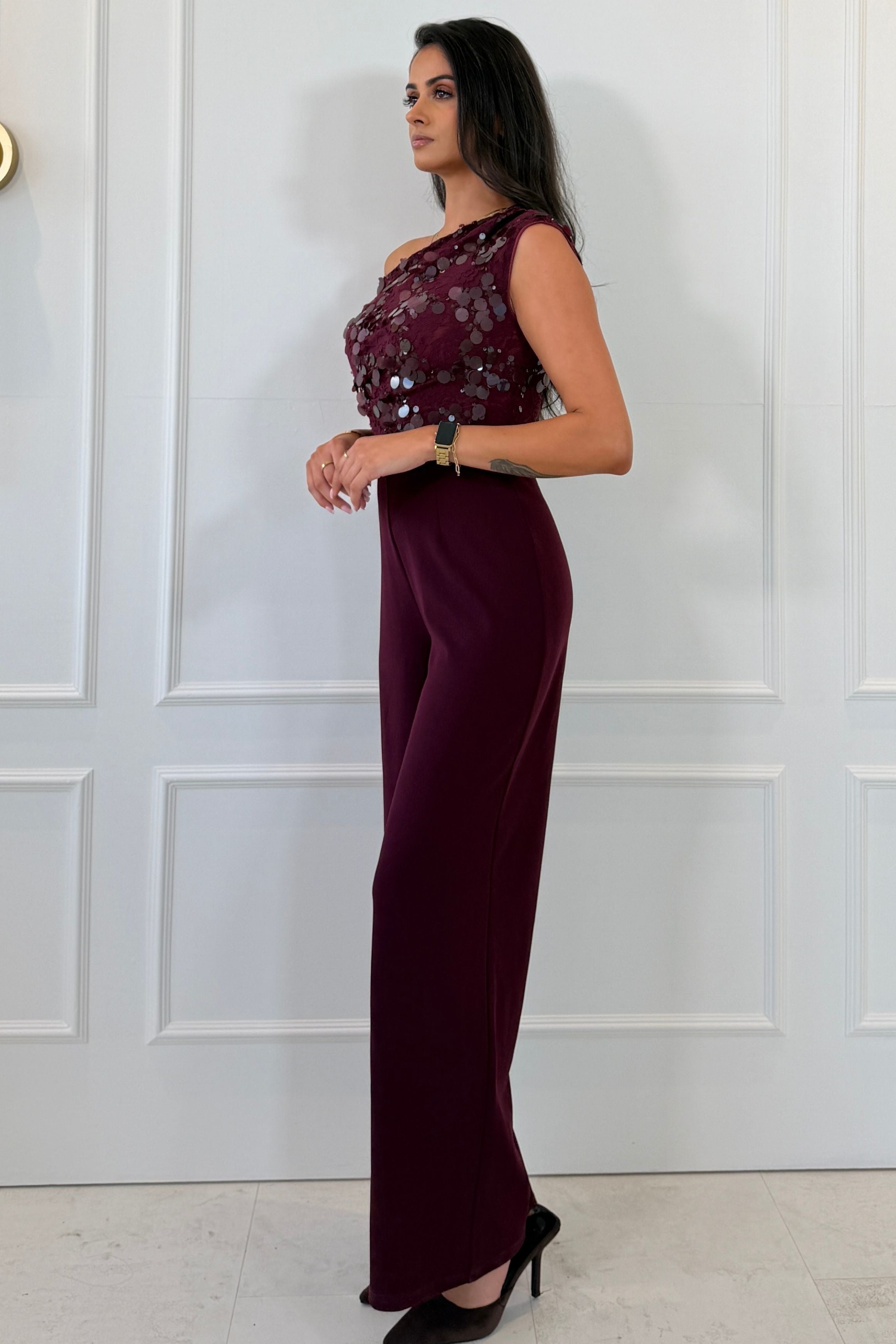 Camille Sequin Off Shoulder Jumpsuit Burgundy