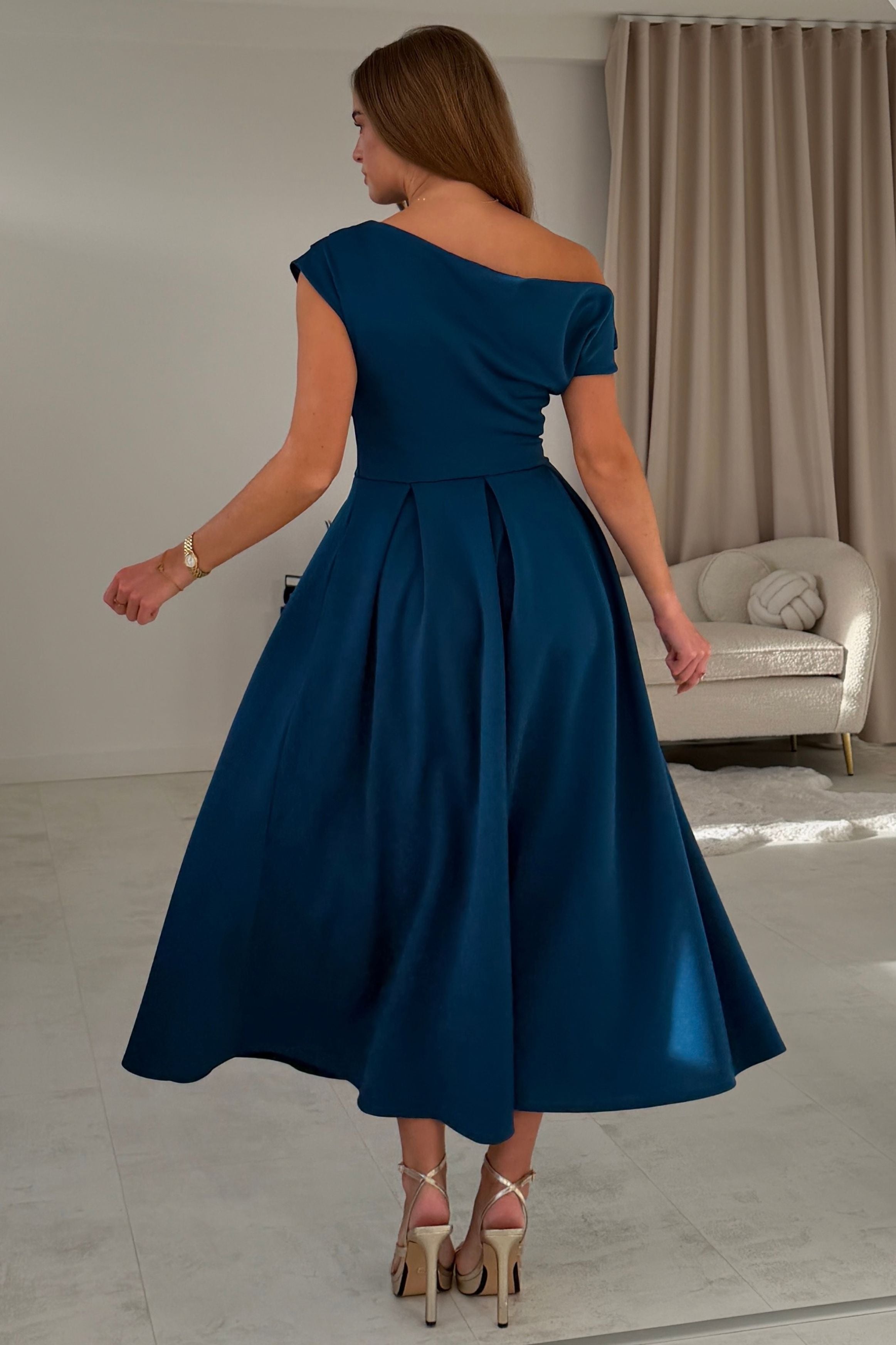 Betty Asymmetric Neckline Skater Midi Petrol