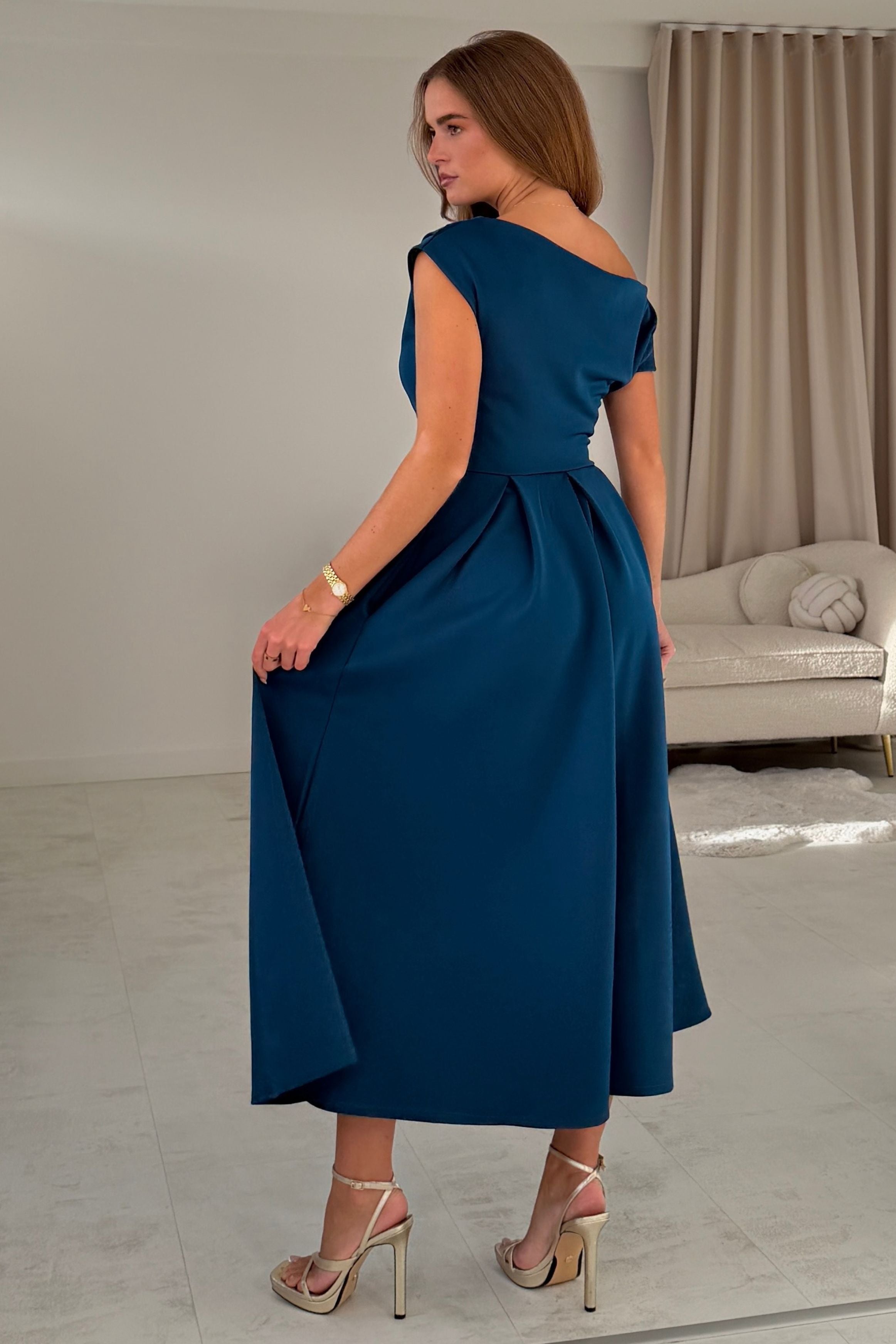 Betty Asymmetric Neckline Skater Midi Petrol