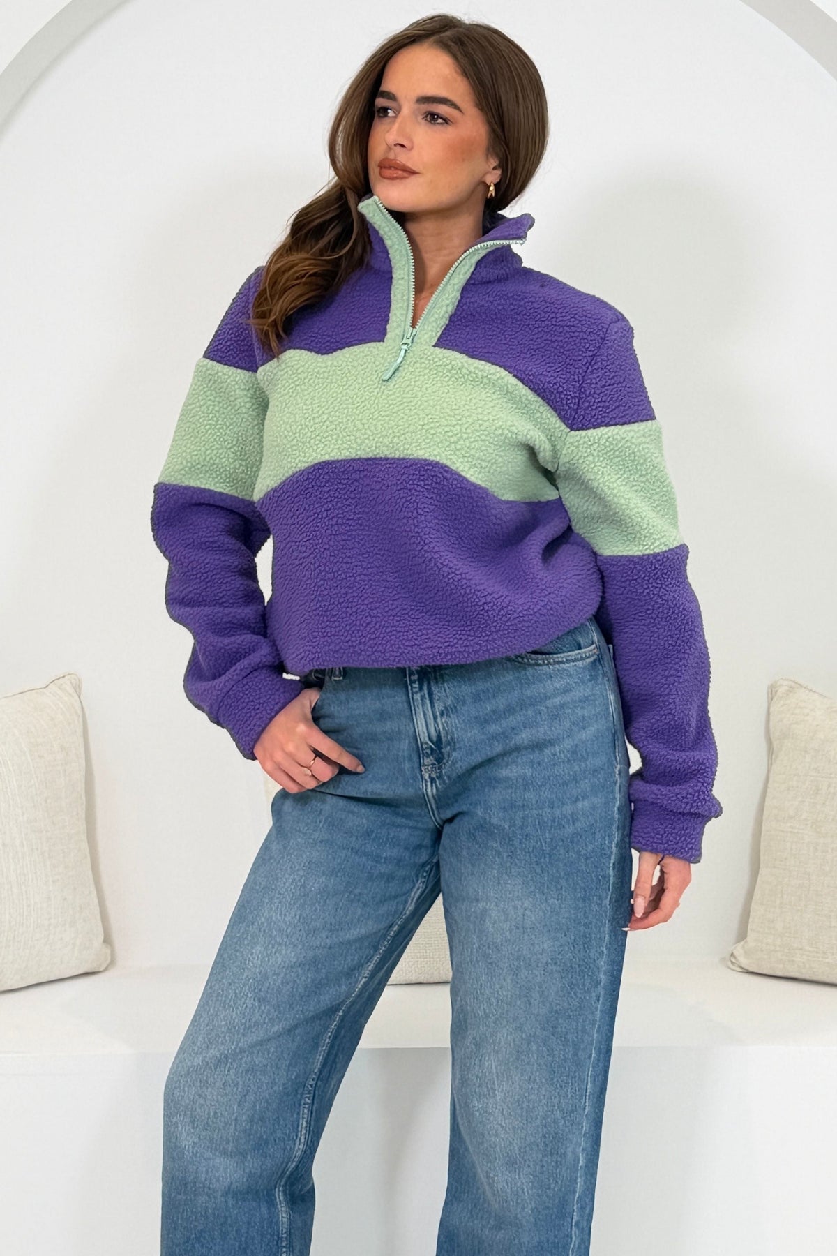 Beau 3/4  Zip Contrast Panel Fleece Purple