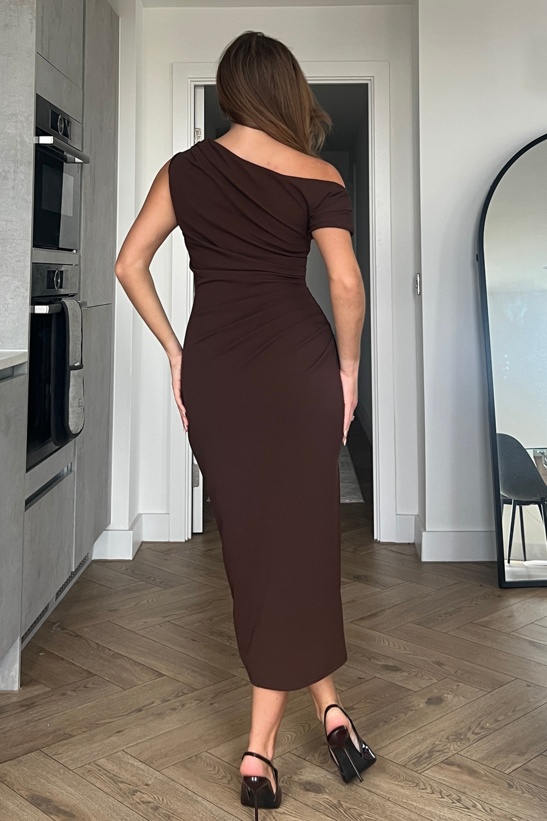 Donna Asymmetric Neckline Midi Dress Brown