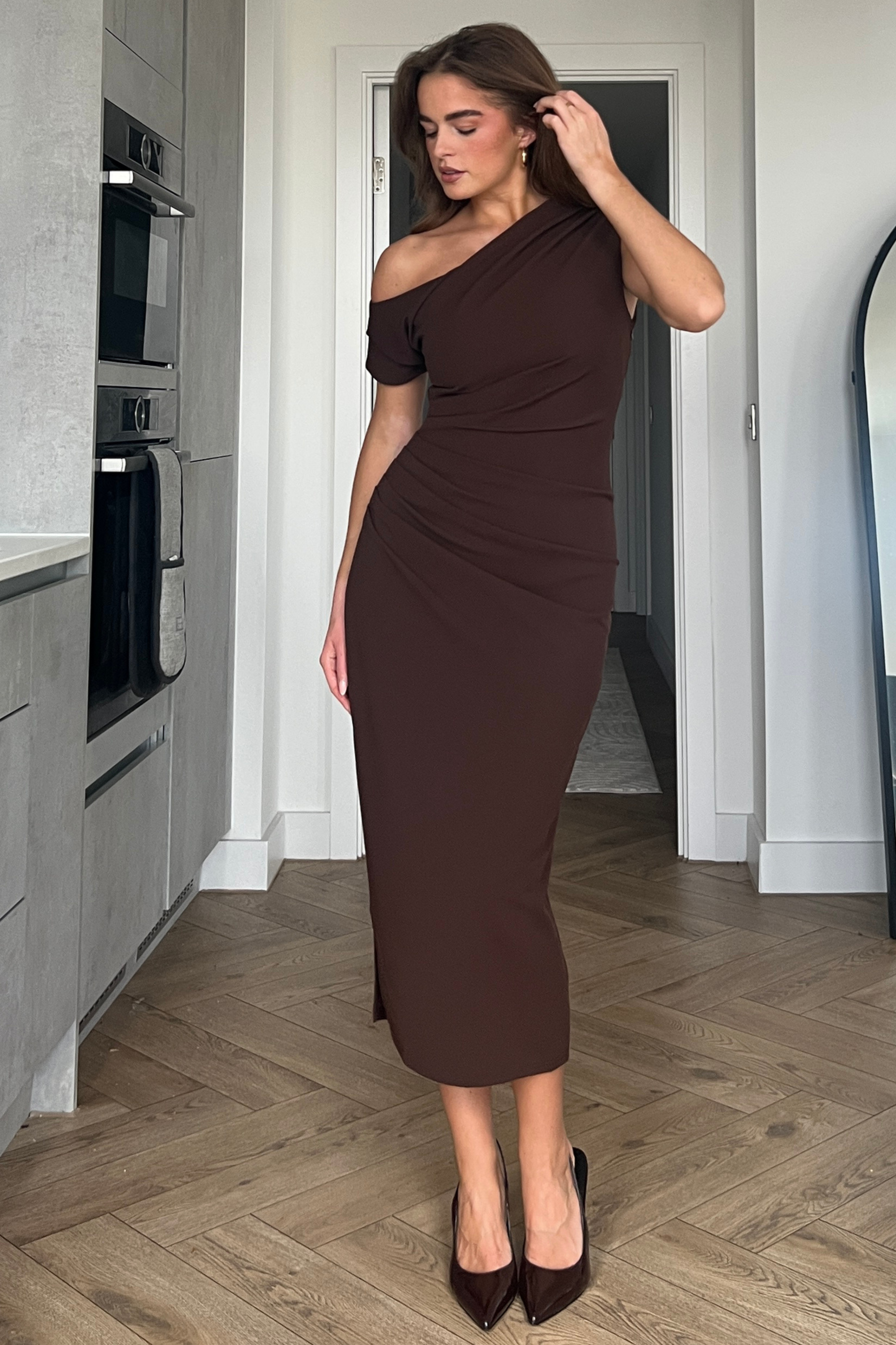Donna Asymmetric Neckline Midi Dress Brown