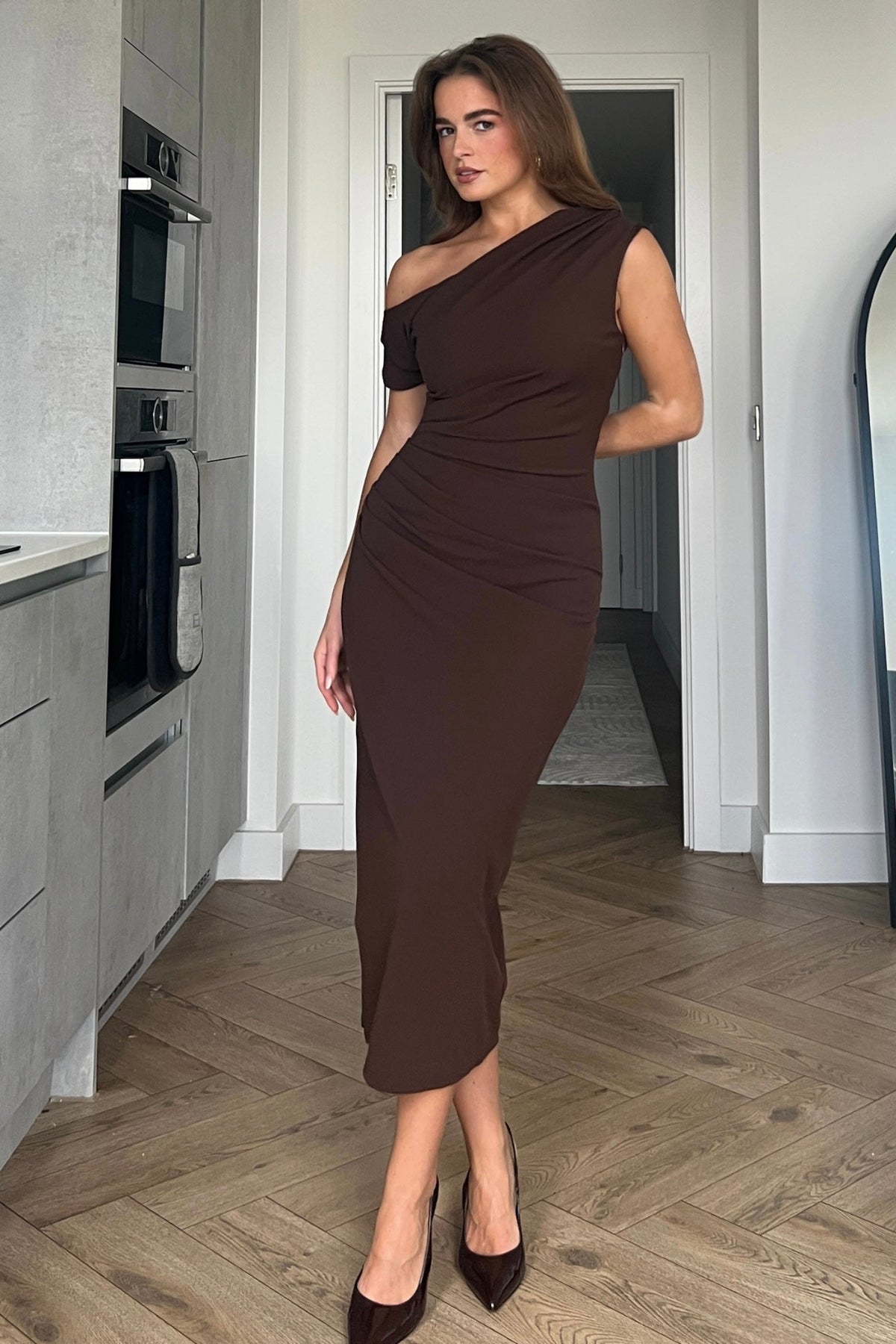 Donna Asymmetric Neckline Midi Dress Brown