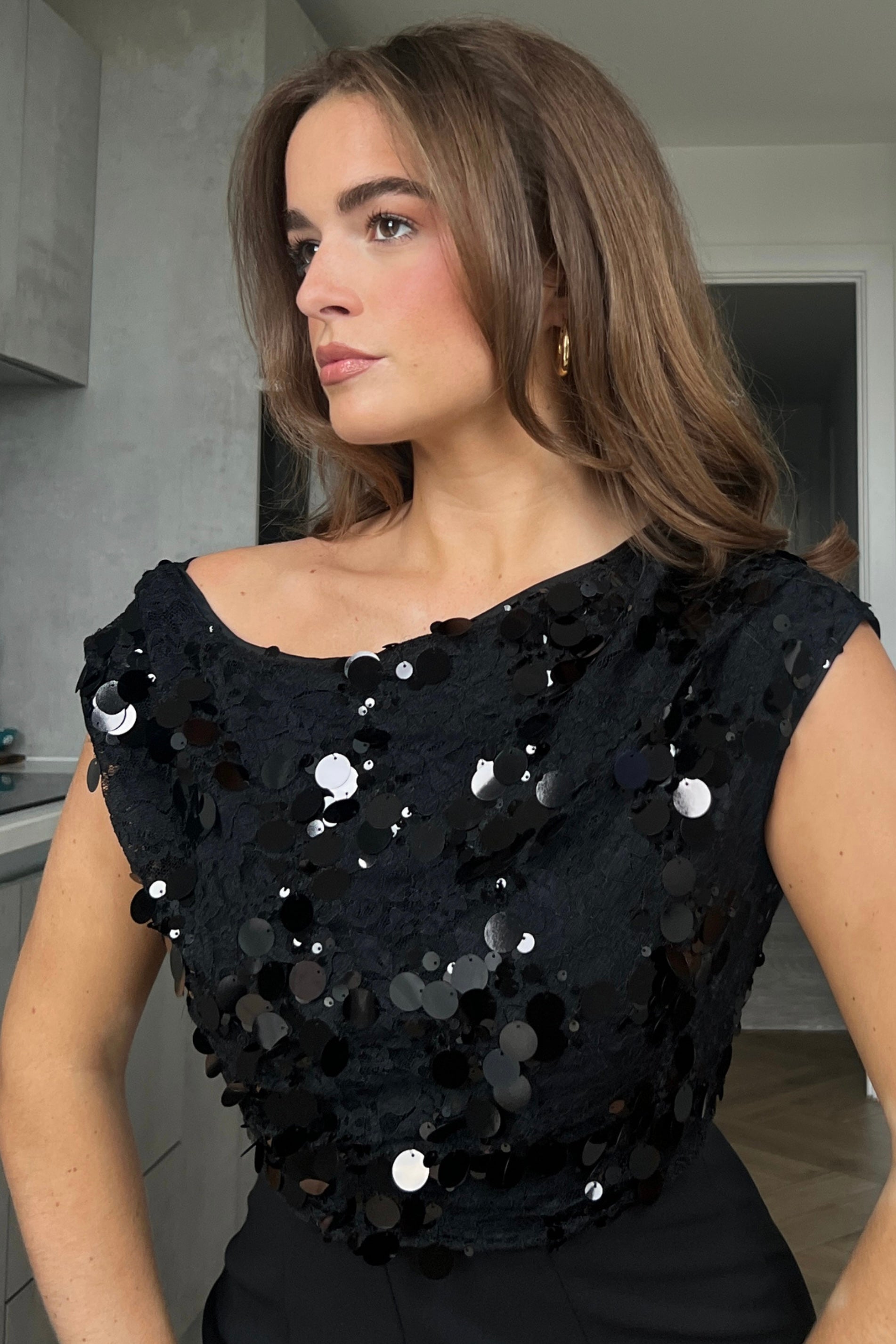 Camille Sequin Off Shoulder Jumpsuit Black