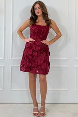 Celeste 3D Floral Square Neck Mini Dress Wine
