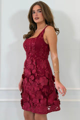 Celeste 3D Floral Square Neck Mini Dress Wine