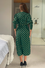 Devina Shirred Cuff Wrap Dress in Green And Gold Foil